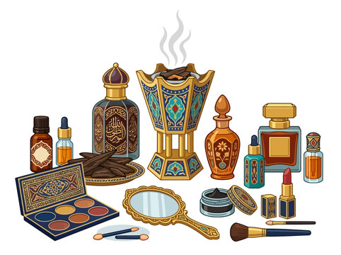 A collection of traditional Middle Eastern perfumes incense burners and luxury cosmetics.