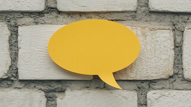 Yellow speech bubble on brick wall communication concept