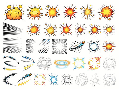 A comprehensive collection of comic book style action effects and explosion graphics.