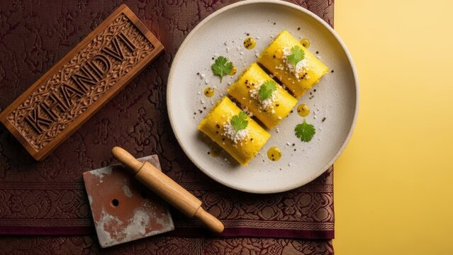 Traditional Gujarati Khandvi with Coconut and Micro-Cilantro Garnish, set with Sheesham Plaque and Banarasi Fabric