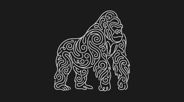 Detailed gorilla illustration made of ornate swirl patterns.