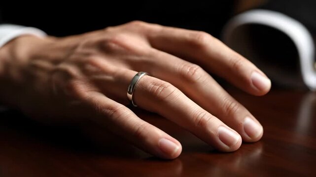 Man's Hand with Wedding Ring Resting on Polished Wooden Table