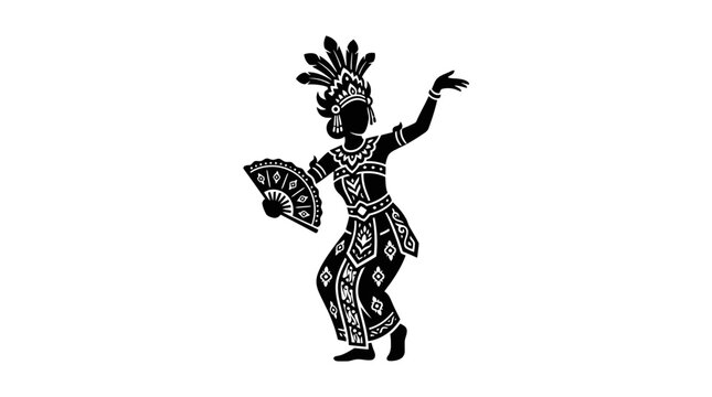 Silhouette of a traditional dancer in ornate costume with feather headdress and fan
