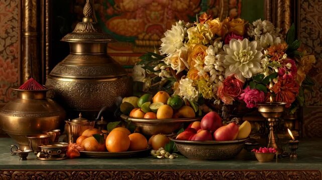 Hindu ritual offerings with brass pots and fresh flowers for worship