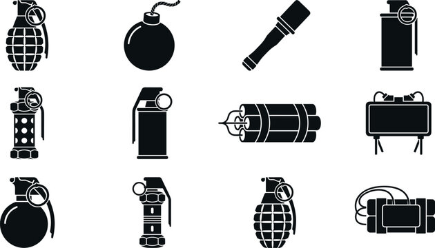 Military Grenade and Explosives Icon Set with Hand Grenades Dynamite Sticks Claymore Mines and Smoke Bombs for Video Games Technical Manuals and Security Signs