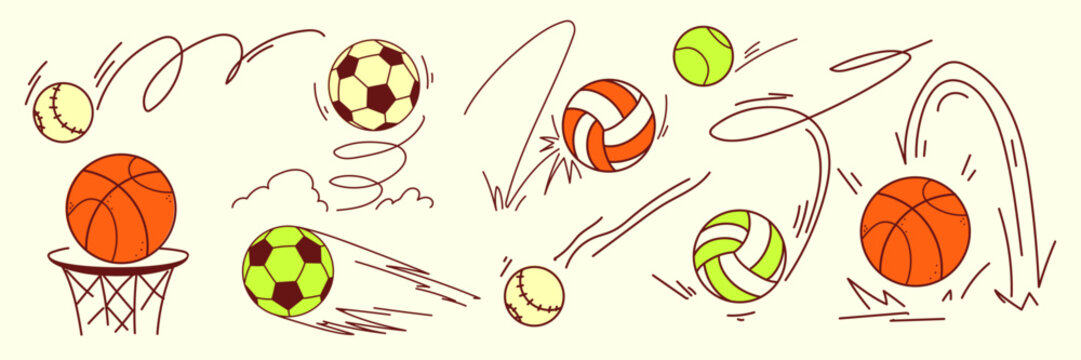Hand drawn soccer, tennis ball bouncing icons with dynamic motion lines, speed trails. Doodle sketch sport equipment illustration with energetic jump movement, spin pitch effect and shoot trajectory