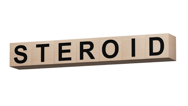 Word STEROID made from wooden letters . Plant on backgound. Medical concept.close up of wooden cubes,Business Concept.Supports PNG files with transparent backgrounds.