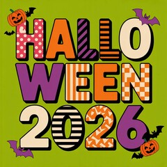 Fototapeta premium Colorful halloween 2026 text design with pumpkins and flying bats