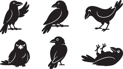 Obraz premium Black crow silhouette set, 6 raven bird vector icons, cute cartoon crow characters in various poses, dark bird mascot collection isolated on Transparent Background