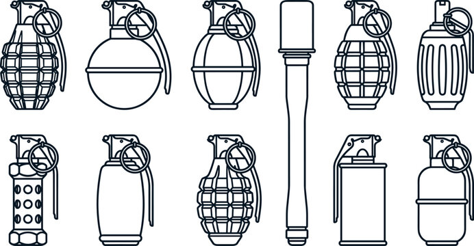 Military Hand Grenades and Explosive Weapon Outline Vector Icon Set with Frag Stick Smoke and Flashbang Grenade Line Art for Game User Interfaces