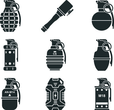Military Hand Grenades and Explosive Weapon Silhouette Vector Icon Set with Frag Stick Smoke Gas Flashbang and Futuristic SciFi Grenades for Game Interfaces]\