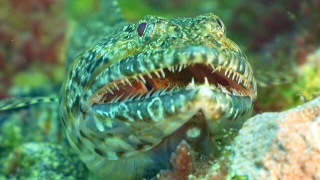Macro close-up of lizardfish with half-closed mouth revealing the agonizing scorpionfish prey being slowly digested inside