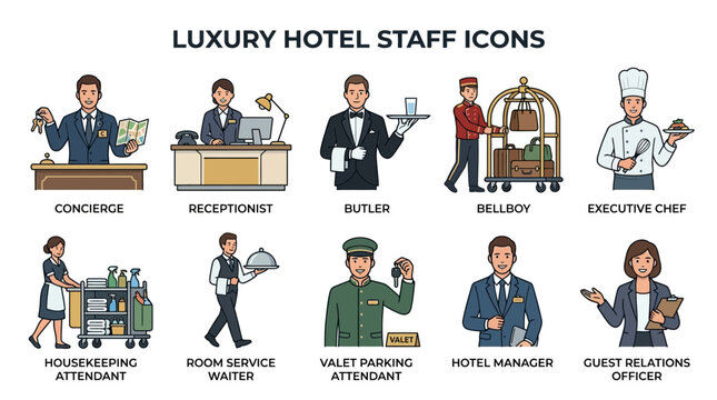 Diverse collection of hotel employees such as bellboy, valet, and manager in professional attire. Features clean line art and flat colors. Ideal for hospitality training or travel websites.