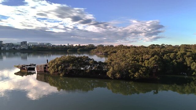 Shipwreck with forest growing out of its rusty hull on sunny day from aerial view. Wreck in located in Homebush Bay, Parramatta river, Sydney Australia. Camera moves in towards broken ship.