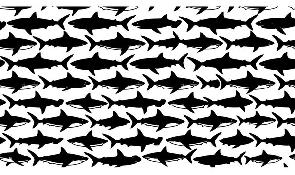 Sleek minimalist black shark silhouette seamless pattern vector with abstract marine animal repeating background texture