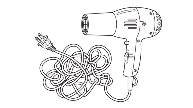 Hair Dryer Icon with Tangled Curly Hair and Power Plug, Hand-Drawn Line Art for Beauty and Grooming Concept