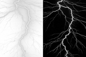 Naklejka premium Abstract lightning strike with glowing electric discharge, ethereal high voltage energy ripple in grayscale style. Dynamic fractal weather background for digital art, science