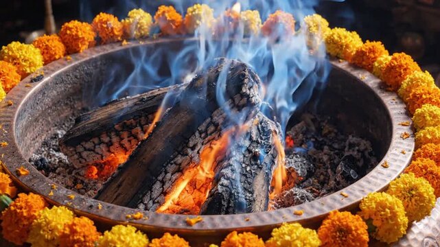 Sacred Havan Fire Burning with Smoke and Marigold Flowers. 4K Video