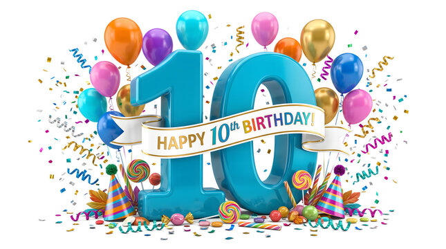 Large Glossy Turquoise Blue 3D Number 10 with White Satin Ribbon Banner and Colorful Birthday Balloons Isolated
