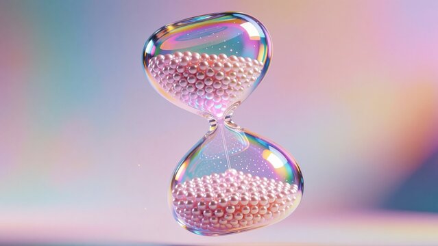 Iridescent hourglass with pearls. Abstract time concept with glowing holographic glass.
