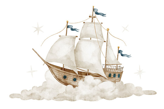 Ship watercolor illustration. Sailing vessel with clouds in the sky on isolated background. Fantasy nautical transport for nursery poster, travel childish storybook. Galleon for baby design.