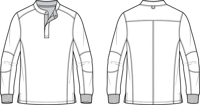 Long sleeve henley shirt with elbow patches technical flat fashion sketch front and back view vector template