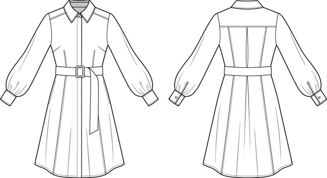 Women Belted Shirt Dress with Bishop Sleeves Fashion Technical Drawing Vector Template Front and Back View