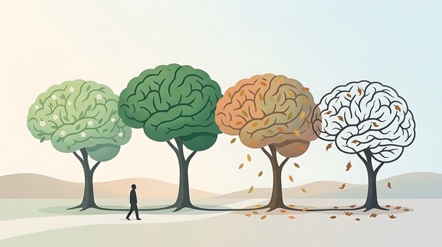 Evolution of human brain from healthy green tree to withered autumn tree and bare winter branches representing cognitive decline aging or mental health changes over time
