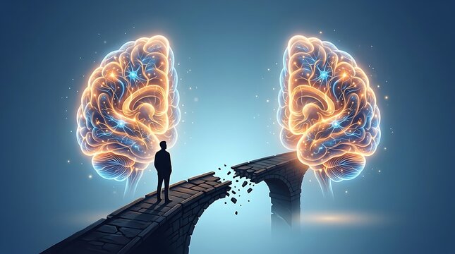Man standing on broken bridge looking towards two glowing human brains representing decision making mental health struggle or cognitive contrast and intellectual choices