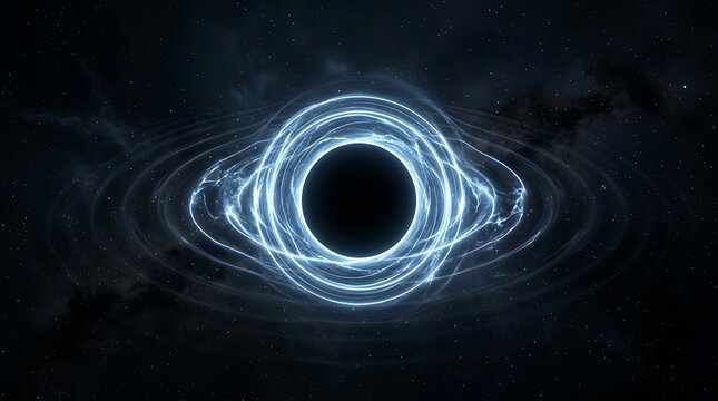 Cosmic black hole in deep space with swirling glowing blue light rings and event horizon against dark starry background representing gravitational force and space mystery