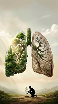 Surreal human lungs depicted as tree structures with one side lush and green and the other dry and barren