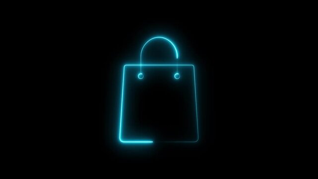 Neon blue shopping bag animation glowing on black background with light motion retail clip.