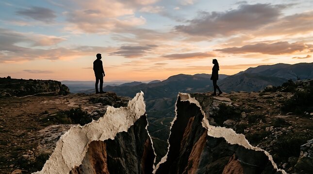 Conceptual of two people standing on opposite mountain cliffs separated by a deep chasm with a torn paper effect signifying communication barriers and disconnection
