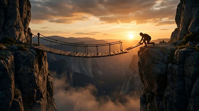 Silhouette of a man building a wooden rope bridge across a deep mountain canyon at sunset representing determination overcoming obstacles and goal achievement through hard work