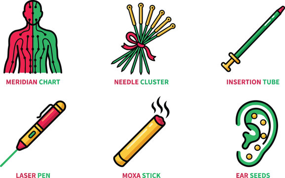 Set of traditional Chinese medicine and alternative therapy icons including acupuncture needles moxa stick and meridian chart for health and wellness concepts