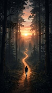 Silhouette of a person walking on a winding path through a dense forest at sunrise representing a journey toward personal growth and finding one's purpose in life