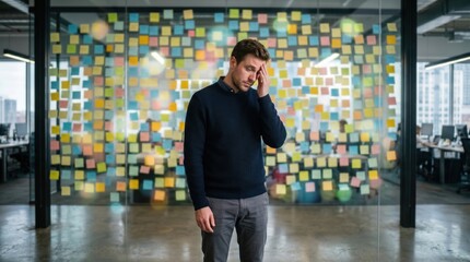 Fototapeta premium Tired businessman standing in front of glass wall covered with sticky notes. Stressed employee dealing with heavy workload and project deadline in modern office. Corporate failure concept.