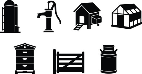 Set of black and white farm icons featuring agriculture, equipment, livestock buildings, and rural village lifestyle elements © Mst