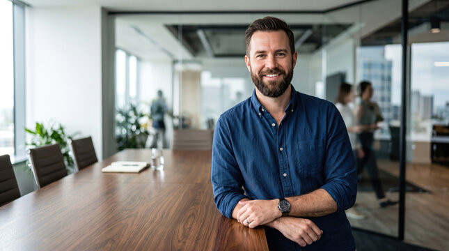 Friendly bearded man leaning on a conference table in an open plan office