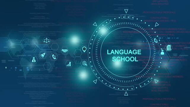 Language school digital interface: futuristic hud with global communication and data analytics education