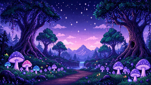 Magical pixel art enchanted forest at night with glowing mushrooms, ancient trees and waterfall