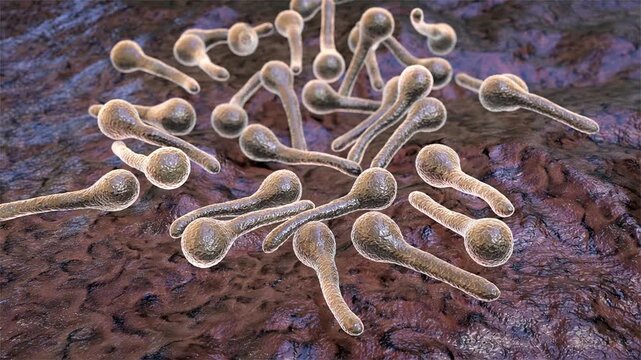 Clostridium tetani bacterium, 3D animation showing rod-shaped anaerobic cell with terminal spherical endospore giving drumstick appearance.