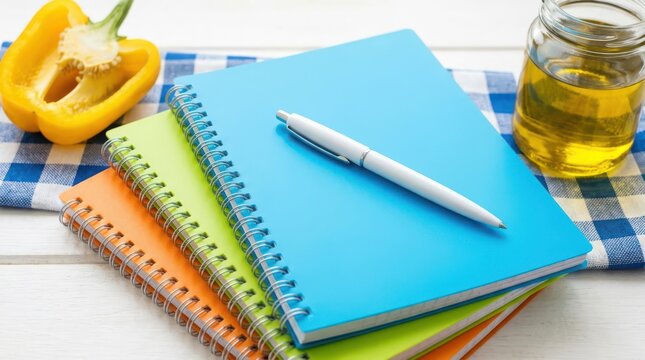 Stack of colorful spiral notebooks with a white pen, a yellow bell pepper, and a jar of oil on a blue checkered cloth