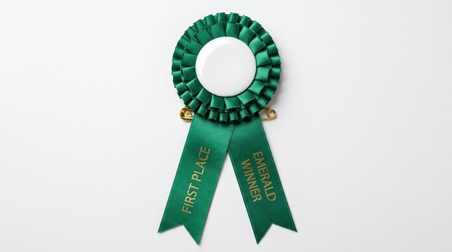 Emerald Green Winner Rosette Ribbon Badge Isolated on White Background with Blank Center