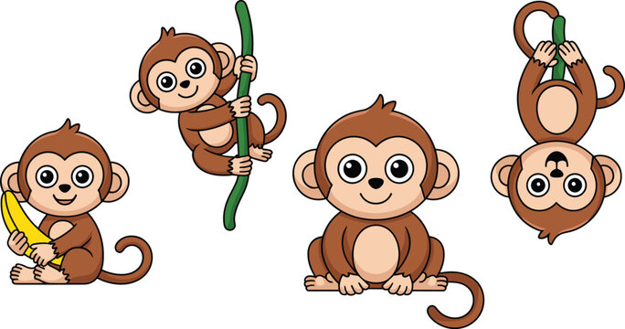 Cute monkey character vector collection featuring cartoon chimps climbing lianas eating banana and hanging upside down icons