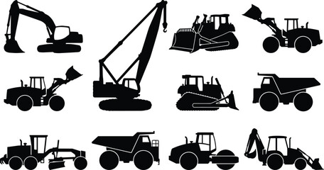 Construction Heavy Equipment Silhouette Collection Featuring Excavator Crane Bulldozer Wheel Loader Dump Truck Grader Roller and Backhoe Vector Set © Rahim 