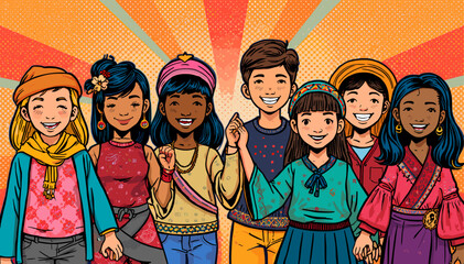 A vibrant illustration of a diverse group of smiling children from various cultures standing together, symbolizing unity and global friendship.