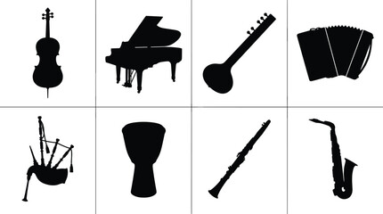 Musical instruments silhouette vector set featuring grand piano cello accordion bagpipes sitar saxophone clarinet and djembe drum © Rahim 