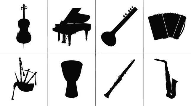 Musical instruments silhouette vector set featuring grand piano cello accordion bagpipes sitar saxophone clarinet and djembe drum