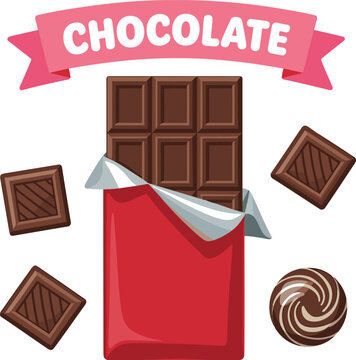 Delicious chocolate bar vector collection featuring open red wrapper foil sweet blocks candy pieces and pink ribbon logo